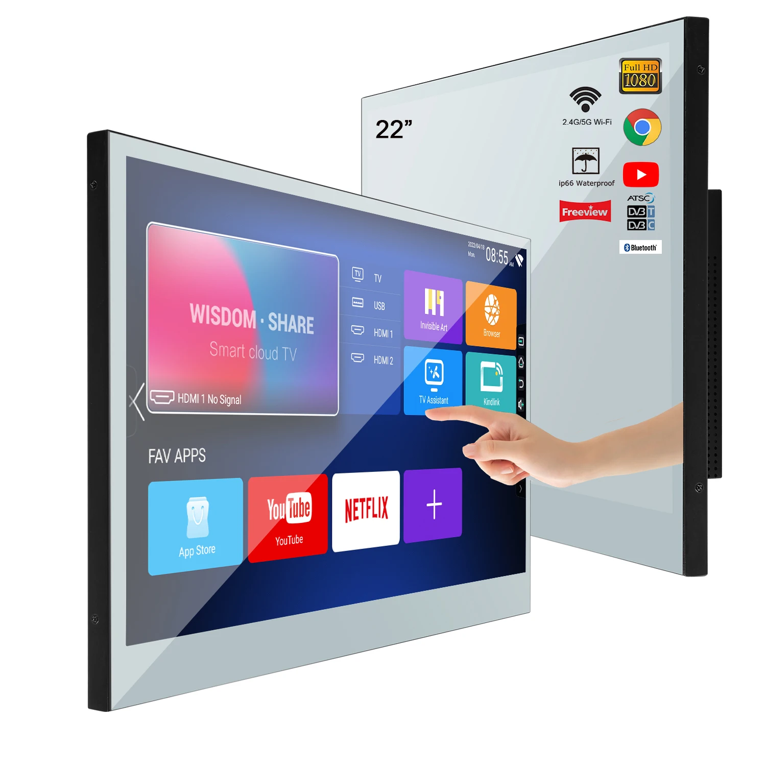 Souria 32inch Smart Mirror Touchscreen FHD LED TV Water Resistant Magic Android Bluetooth DTV Tuner Bathroom SPA Kitchen