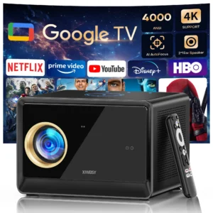 XIWBSY 4000ANSI Google TV Projector 4K Android 11.0 Sealed Optical Projector 52000Lumens WiFi6 Projector Google Voice Assistant