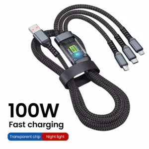 100W 3 In 1 Transparent Pilot Lamp Super Fast Charging Cable 6A Universal with Type C Usb Micro for Iphone Xiaomi Samsung Huawei