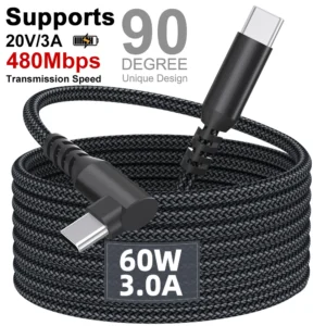 60W Fast Charging C to C Elbow Data Cable 1m 2m 3m Compatible with Apple 15 16 Samsung Xiaomi Redmi Type C Charging Cable