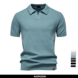 AIOPESON Men's Summer Breathable Polo Shirt Short Sleeve Solid Color Casual Polo Shirts for Men Lightweight Stretch Polo ﻿