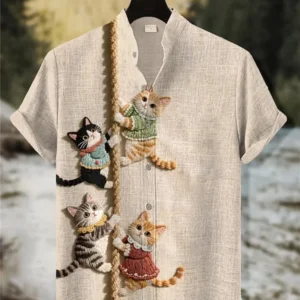 Men's Fashion Linen Shirt Cartoon Cat Print Stand up Collar Short Sleeve Street Casual Clothing Trendy Hot Selling