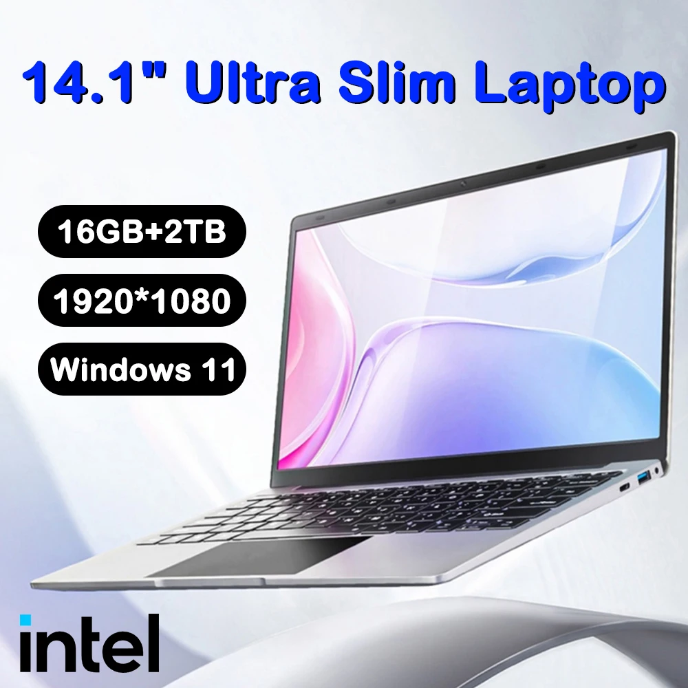 Ultra Slim Laptop 14.1" 16GB RAM 2TB SSD Intel N3700 Notebook Windows 11 Pro 1920*1080 Display Office Study Computer PC