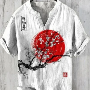 Spring and summer casual shirts for men and women, plum blossom short-sleeved shirts, Hawaiian style printed shirts, men's tops