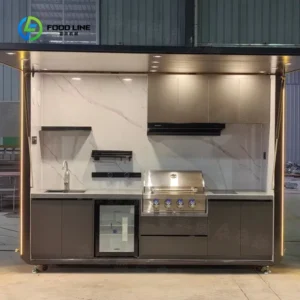 Customized Expandable Outdoor Kitchen with Built in Barbecue Facilities & Ambient Lighting Elevates Camping Dining Experience