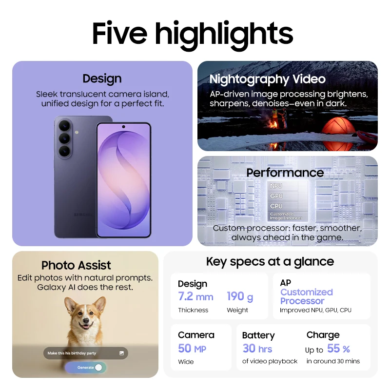 2026 New Samsung Galaxy S26 5G Smartphone Snapdragon 8 Elite Gen 5 6.3 "Dynamic 120Hz AMOLED 2X Screen 4300mAh Battery IP68 NFC - Image 2