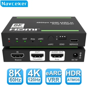 Navceke 4K 120Hz HDMI 2.1 eARC Audio Extractor 48 Gbps HDMI eARC Splitter 8K 60Hz eARC Converter for PS5 XBox X Sonos Soundbar